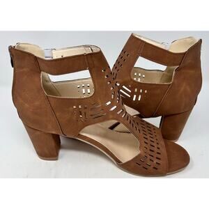 Roman Style Hollow Out Peep‎ Toe Square Heel Brown Sandals Size 43 = 10